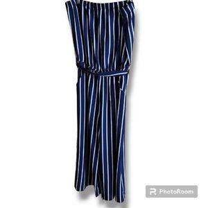 Ambiance Size M Women's Strapless Pantsuit Blue & White Striped With Belt